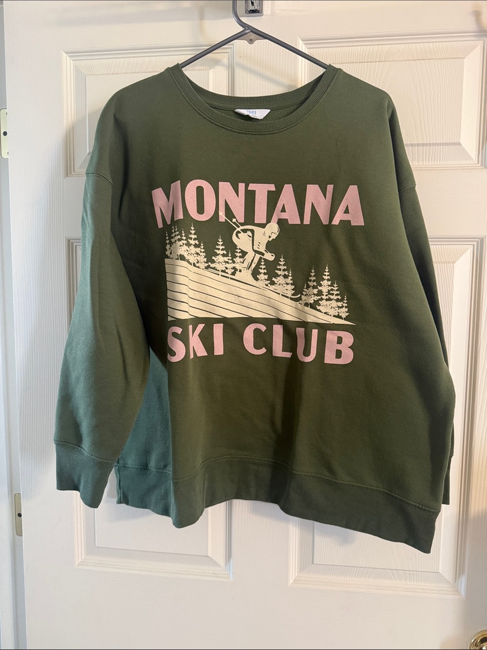 Time and Tru Olive Green Crewneck with Pink Montana Ski Club Graphic